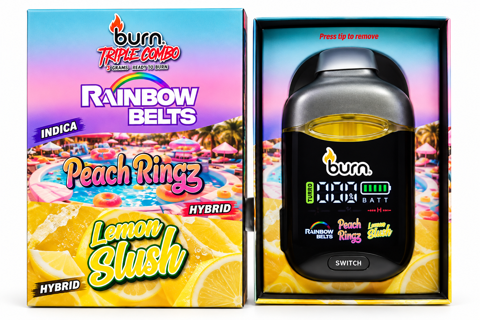 * New * Burn Triple Combo – Rainbow Belts + Peach Ringz + Lemon Slush (3 Gram)