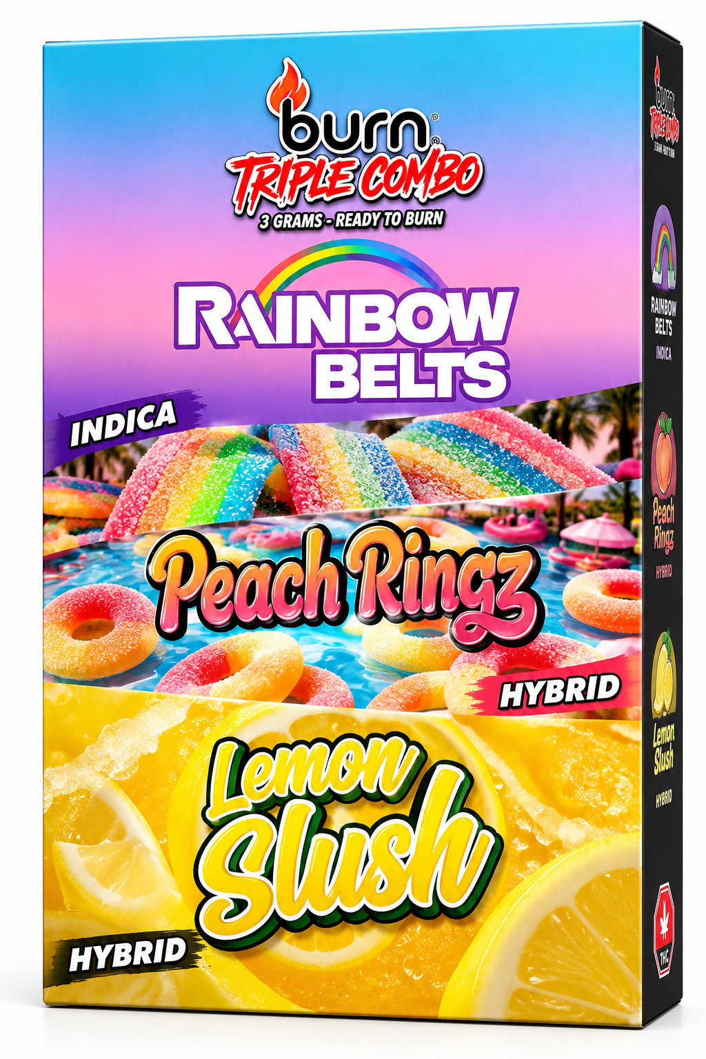 * New * Burn Triple Combo – Rainbow Belts + Peach Ringz + Lemon Slush (3 Gram) - Image 2