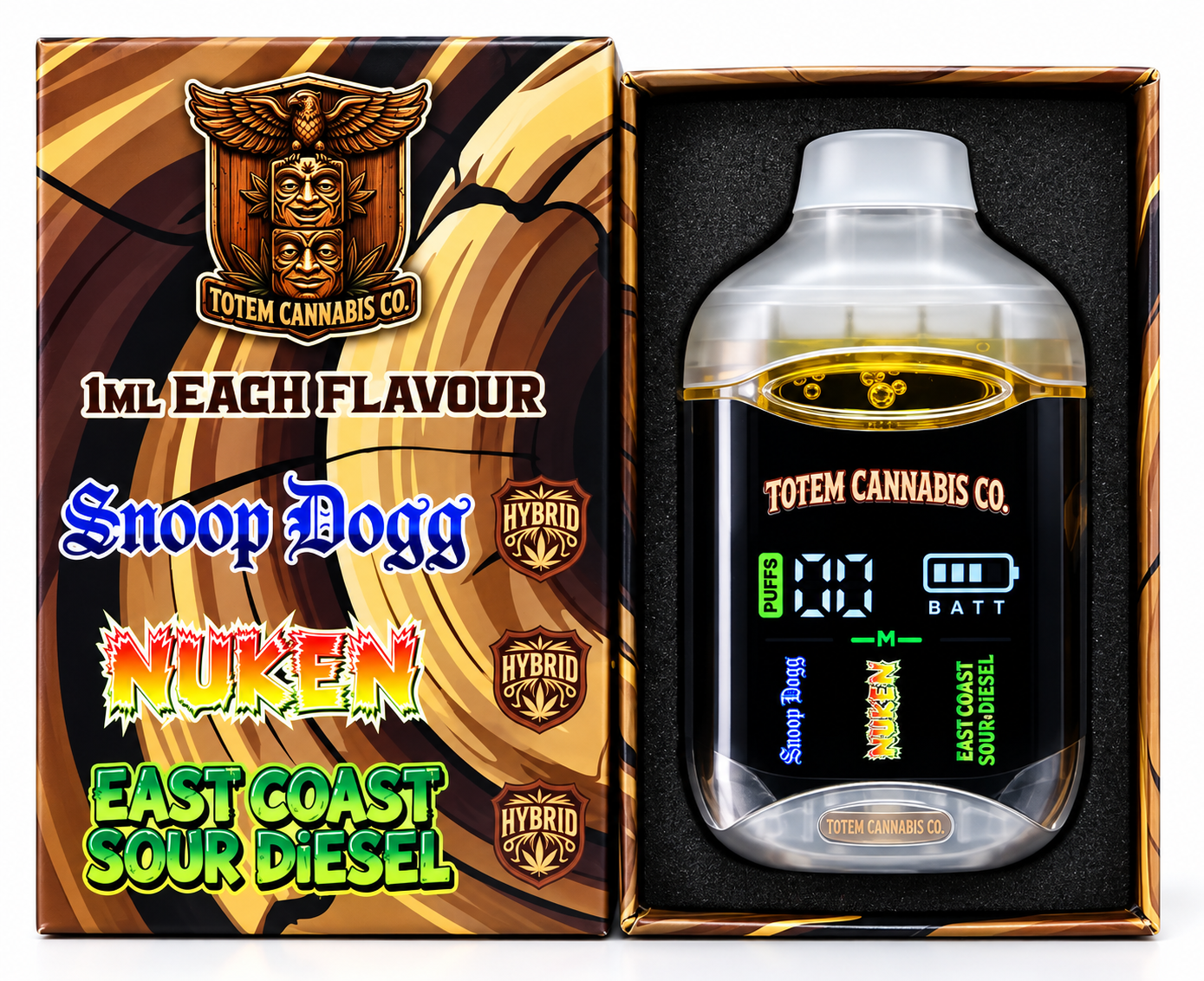 Totem Cannabis Co. Tri Chamber Vape – Snoop Dogg (Indica Dominant Hybrid) + Nuken (Indica Dominant Hybrid) + East Coast Sour Diesel (Sativa Dominant Hybrid) + Fruity Pebbles OG (Hybrid) (3 x 1 Gram)